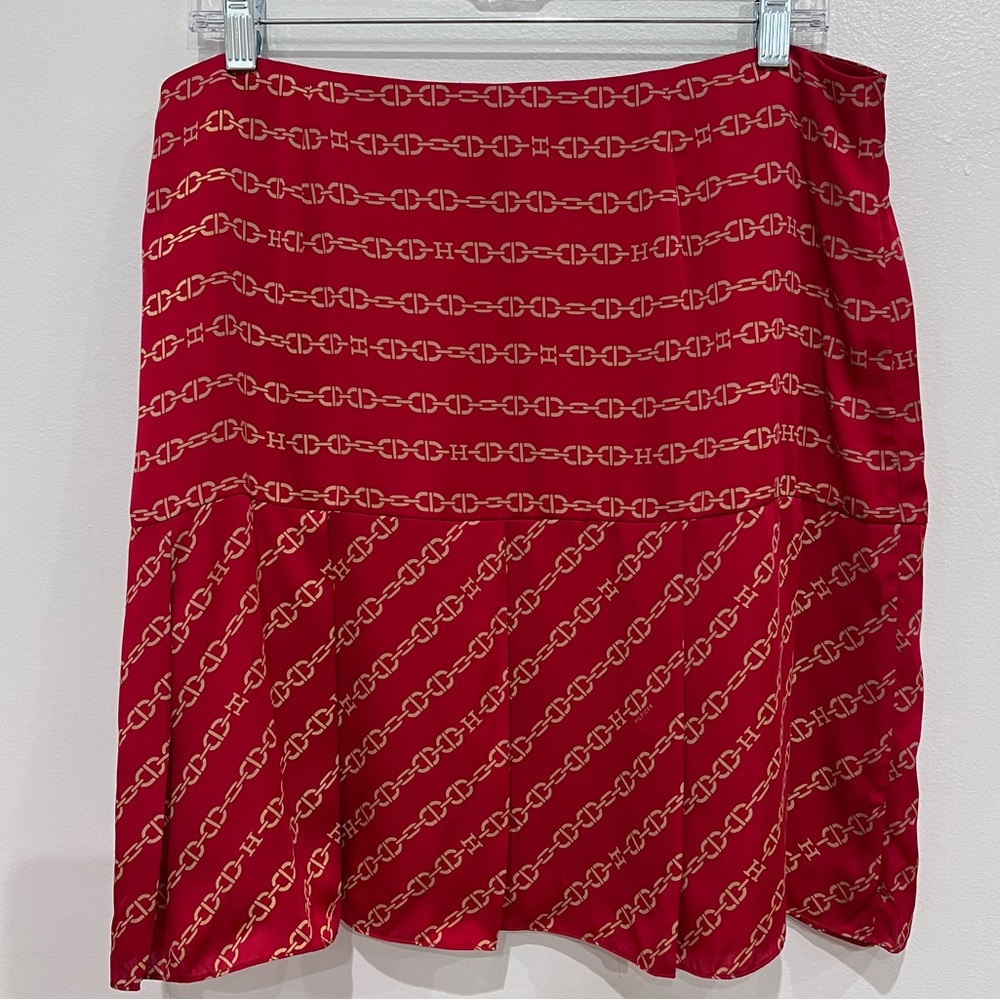 Tommy Hilfiger Vintage Y2K Skirt Silk Chain Print Red/Gold H Logo, Pleats, 12 - Picture 2 of 10